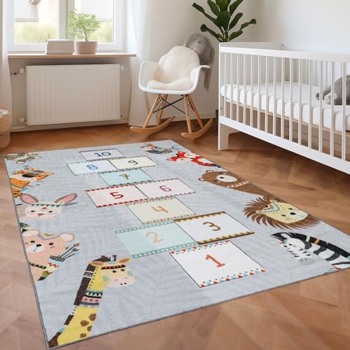 SIMPEX Alfombra Infantil Gris, Juego de la Rayuela, 140 x 200 cm, para Habitación de Niños