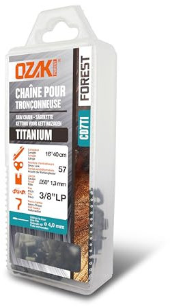 OZAKI – Cadena motosierra 3/8 LP E57 – Titanio – Calibre 1,3 mm (0,05) – Perfil de gubia semicuadrada – 57 Entrenadores