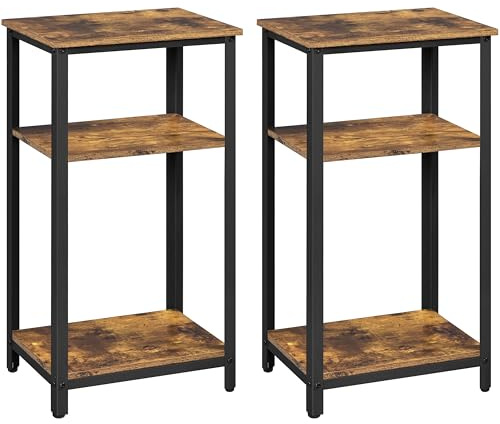 Yaheetech Tall End Table Set of 2, 16x12x29.5 inch Industrial Side Table with Strong Wooden Shelves, 2PCS Slim 3-Tier Telephone Table with Metal Frame for Living Room, Small Places - Rustic Brown