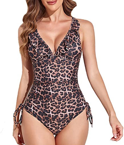 Little Hand Maillot de Bain Femme 1 Pieces Gainant col V Push Up Monokini Costume Intero, B-Imprimé Léopard, L da Donna