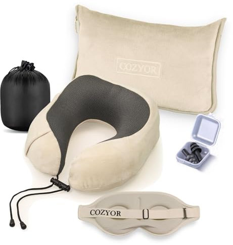 Cozyor Reiseset 4-teilig: Nackenkissen + Schlafmaske + Reisekissen & Reisedecke 2 in 1 + Ohrstöpsel