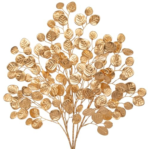 Hollyone 24.8” Christmas Tree Picks and Sprays 3Pcs Golden Artificial Eucalyptus Stems Eucalyptus Silver Dollar Leaves Branches Fake Gold Leaf Floral for Xmas Tree Garland Wreath Wedding Decor