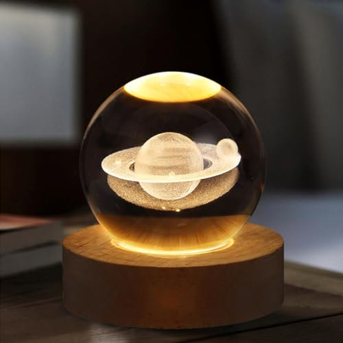 RuiDay Veilleuse Boule de Cristal 3D, Lampe de Nuit en Cristal et Bois, Galaxie Spatiale, LED, Décoration Intérieure