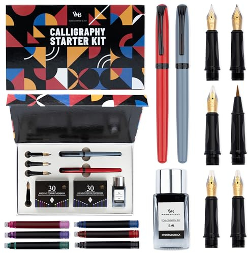 Wordsworth 2 stylos de calligraphie avec flacons d'encre de 18 ml, 60 cartouches, convertisseur de recharge, pointe moyenne et 4 larges, stylo pinceau Gris