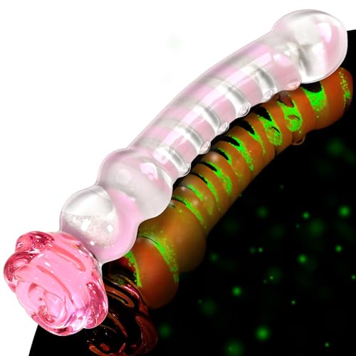 Glass Dildo Rose Adult Tool for Women – Anal Dildo Glow in the Dark Borosilicate Glass Toy for Temperature Play with Anal Beads & Textured Design, 8 Inch Butt Plug for Women (Pink Glow)