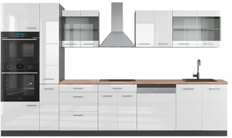 Vicco Küchenzeile R-Line, Weiß Hochglanz/Anthrazit, 350 cm mit Hochschrank, AP Eiche, zur flexiblen Erweiterung durch zusätzliche Module geeignet