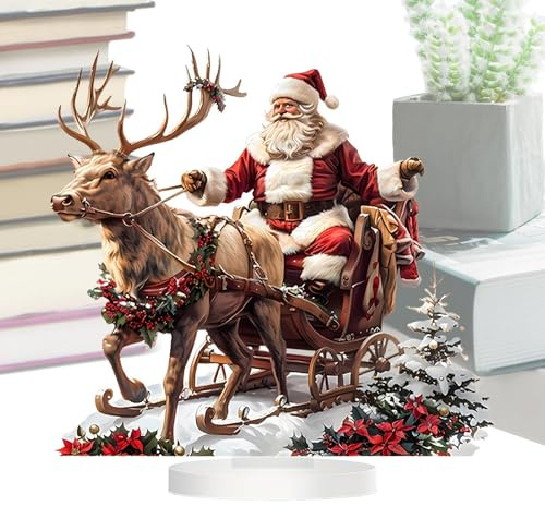 Takluu Deer Santa Claus Statue | Acrylic Christmas Santa on Sleigh With Reindeers | 2D Indoor & Outdoor Christmas Décor