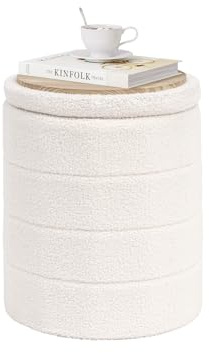 PINPLUS Pouf de Rangement, Rond Tabouret Rembourré avec Couvercle, Pliable Coffre de Rangement 37x37x45 cm, Teddy Velours Ottomane, pour Salon Chambre Couloir, Blanc
