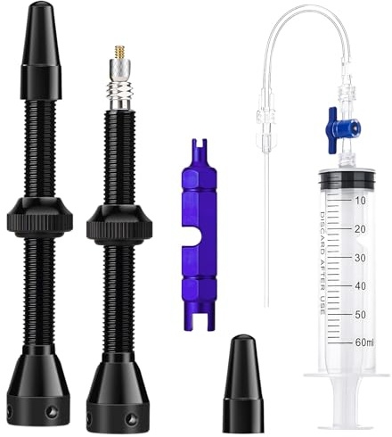 Xialvyu Tubeless Ventile Set,60mm Schwarz Aluminiumlegierungsschäfte für Presta Ventile mit Tubeless Spritze Ventileinsatz-Entfernungswerkzeug für MTB Rennrad Felgen,Schwarz