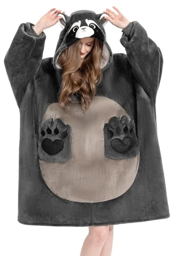 OLAOLA Raccoon Oversized Blanket Hoodie for Adults Sherpa Fleece Wearable Blanket with Sleeves & Pockets Soft Warm Cosy Hooded Sweatshirt Fluffy Wearable Throw for Women Men
