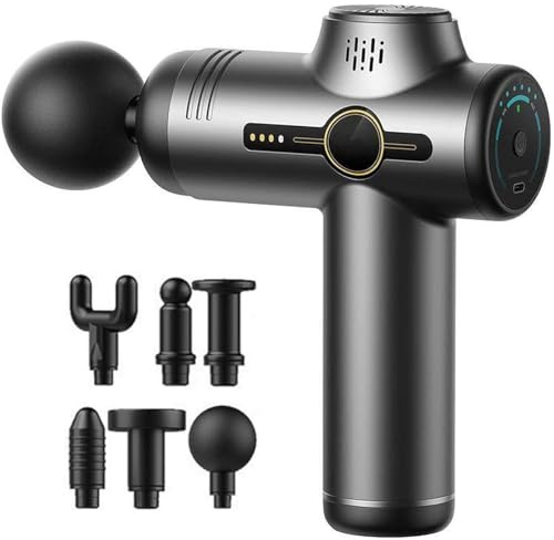 Massagepistole, mini Massage Gun mit 6 Köpfen, 6 Geschwindigkeiten, 3200rpm 0,42kg (Grau)