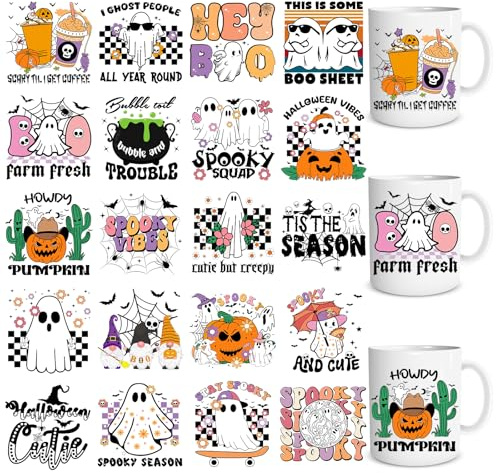 Eiapadeor Halloween Rub on Transfers for Crafts - 20 Sheets Ghost Pumpkin UV DTF Cup Wraps, Halloween Theme UVDTF Wraps, Waterproof Rub on Decals for DIY Glass Cups Mug Tumbler