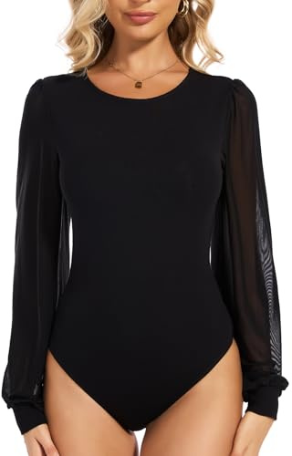 Joyshaper body dam långärmad fyrkantig urringning bodysuit dambody blusar elegant mesh puffärmar stringbody topp skjortor, Svart/rund hals, S