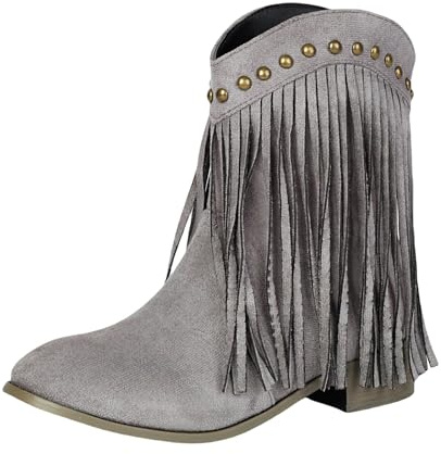 Generiska västerländska stövlar dam cowgirl cowboystövlar mocka stövlar låg klack ankelstövlar med fransar damstövlar nitar korta stövlar bekväma slip-stövlar eleganta halvstövlar