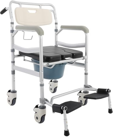 Czyurachel Chaise percée mobile pour personnes âgées, chaise de toilette avec roulettes, jusqu'à 172 kg, chaise de douche avec roulettes, hauteur réglable en 3 niveaux, fauteuil roulant pour les soins