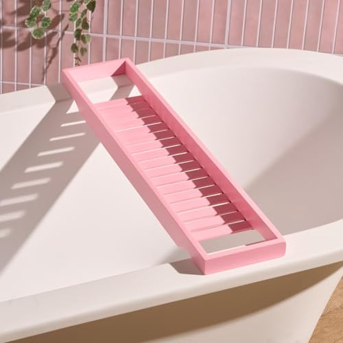 OHS Bath Shelf Over Bath, Wooden Bath Tray Home Spa Board for Adults Bamboo Bathtub Tray Bathroom Accessory Caddy Trays Baths Rack for Candles Wine Glass Accessories, Pink