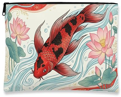 Bolsa de maquillaje artística vintage con diseño de peces de carpa, bolsa de cosméticos floral para mujer, organizador portátil de lona con cremallera, bolsa de aseo de viaje de primavera, Rojo, 7x9