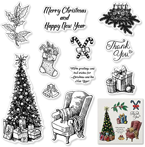 Merry Christmas Silicone Clear Stamps for Card Making, Crafts, Scrapbooking - Christmas Tree, Gift, Happy New Year Words - Paper Stamps Decoration