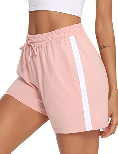 Litherday Shorts Damen Sportshorts Kurz Hosen Streifen Jogginghose Sommer Traininghose mit Taschen Elastischer Bund und Atmungsaktive Shorts zum Fitness, Running, Gym, Basketball, Rosa, L