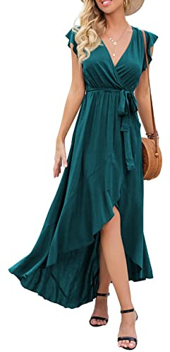 GRECERELLE Womens Summer Maxi Dress Boho Floral Cocktail Polka Dot Wrap Dresses V Neck Casual Party Bohemian Flowy Long Dress for Ladies (Dark Green, M)