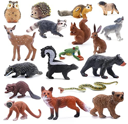 SIENON 18Pcs Forest Animals Figures Toys, Miniature Baby Woodland with Owl Hedgehog Fox Squirrel Bear Monkey Deer Wolf Snake for Kids Educational Christmas Birthday Party Gift Cake Decorations