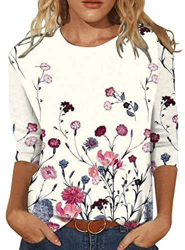 3/4 Sleeves Shirts for Women UK Floral Printed Crew Neck Tee Shirts Loose Fit Boho Tshirts Ladies Summer Casual Baggy Three Quarters Sleeve Tunic Tops Personalised T Shirts