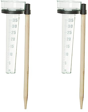 Relaxdays Pluviometro, Set da 2 con Supporto, Misuratore Pioggia da Giardino Quadrante 35 mm/m² Plastica, Trasparente, 38 x 8,5 x 11 cm