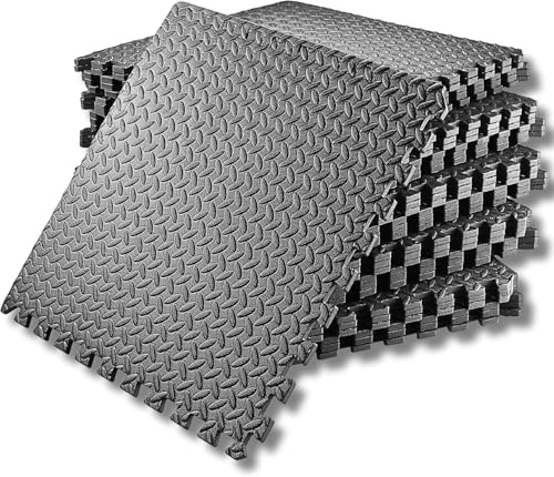 SAKUSEI Tools 60x60x1cm Soft Interlocking Gym Flooring - Heavy Duty EVA Foam Floor Mat for Home Gym, Yoga, Garage, Non-Slip. (Black, 12 mats (48 sq ft.))