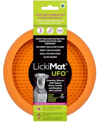 LickiMat UFO Ablenker für Baden, Duschen und Pflegen, Naturkautschuk, großer Schnuller, Lecknoppen, weiche und laufende Leckereien, einzigartiges Futter- und Dribbelfänger-Design, langsamer Fressnapf,