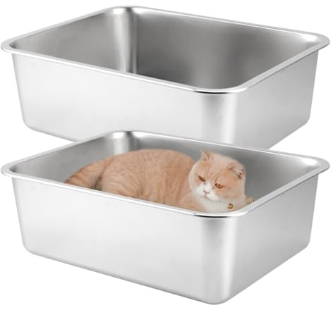 Auveach 2Pz Lettiera per Gatti In Acciaio Inox 45×35×15cm Antiodore Aperta Toilette per Gatti Conigli Grande XXL XL Superficie liscia Facile da Pulire (45×35×15cm)