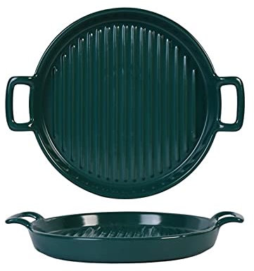 Fuente for hornear binaural, fuente grande for hornear, sartenes de porcelana for gratinado, bandeja for hornear de cerámica redonda a rayas, utensilios for hornear con doble asa for cocina y hogar, j