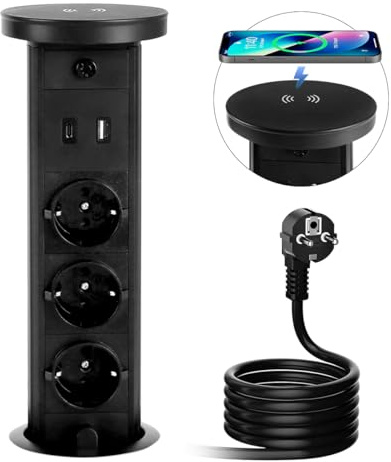 Presa a Scomparsa a 3 Scomparti, Presa da Tavolo a Scomparsa, Colore Nero, Con Caricatore Senza Fili, Presa da Incasso Per Piano Di Lavoro Per Ufficio, Cucina Con 1 Tipo A + 1 Porta USB Di Tipo C
