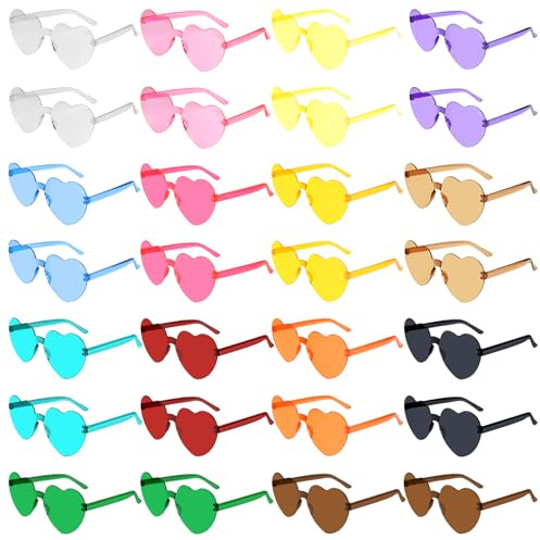 BOUBONI 28 Pack Lunettes de Soleil Multicolores en Forme de Coeur pour Femmes Lunettes de Coeur Sans Monture en Vrac Mardi Gras Lunettes de Soleil Couleur Bonbon pour la Fête