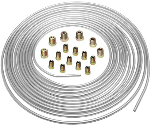 MOCNT 4,75 mm bil bromsledning 3/16 tum bromskabel med kopparbeläggning silverzink bromsledningsslang bromsrör bil ersättning bromsledningssats längd 7,6 m med 16 muttrar