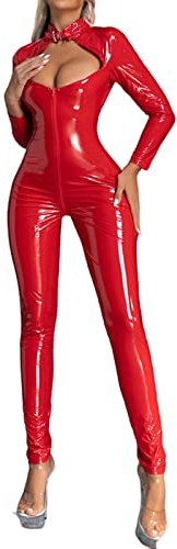 Rrongwn Mujer Ropa Eritic Ropa de Noche Traje Largo de Cuero Elástico para Adultos Catsuit Catwomen Ropa con Push Up y Cremallera Frontal, rojo, M