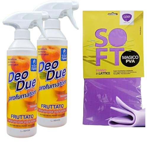 SET: 2x Profumatore Spray Per Ambienti Bifase, Uno Spruzzo Dura 3 Giorni. Profumo FRUTTATO 500ml + Panno In Lattice SOFT Formato 30x30