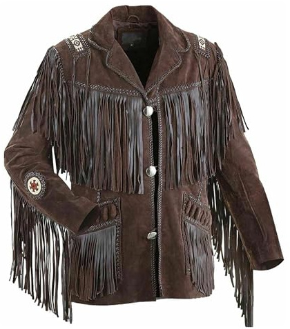 Rumble Products - Chaqueta tradicional de vaquero occidental para hombre | Piel de gamuza nativa americana | Chaqueta con cuentas y flecos, Marrón oscuro, Medium