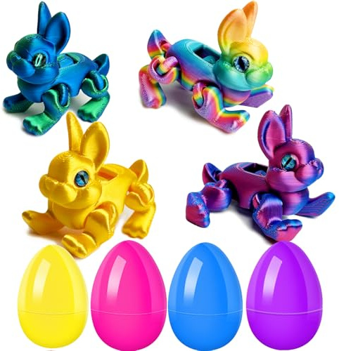 4 conejitos impresos en 3D con huevo sorpresa, relleno de cesta de Pascua, articulado, flexible, mini conejito para decoración ejecutiva de oficina en casa, regalos de Pascua, huevos de conejo