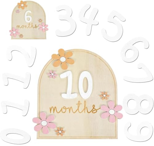 CATOR 1 Pcs Tarjetas de Hitos Mensuales para Bebe con Puntos de Pegamento Estilo Flor Tarjeta Mensual de Madera Bebés Accesorios para Fotos para Bebés de 0-12 Meses Baby Shower