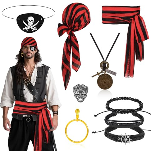 Beipegin Pirate Costume Adult Men Women,Pirate Bandana Captain Medieval Large Sash Eye Patch Necklace Earrings Ring Pirates Fancy Dress