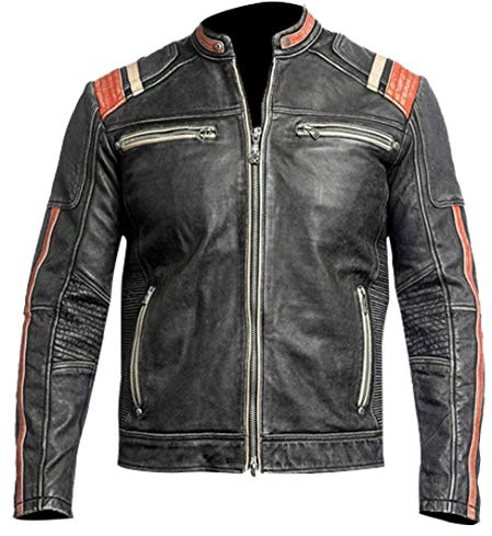 TRESSANO Retro Cafe Racer Vintage Motorcycle Biker Distressed Black Leather Jacket for Mens, Distressed Black, X-Large