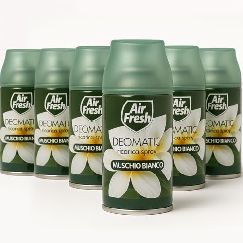 Air Fresh Set 6 Ricariche Spray Deomatic da 250 ml per Profumatori Ambiente, Ricarica Universale Deodorante per Ambienti, Diffusore Profumo Intenso Ideale per Casa e Ufficio (Muschio Bianco)