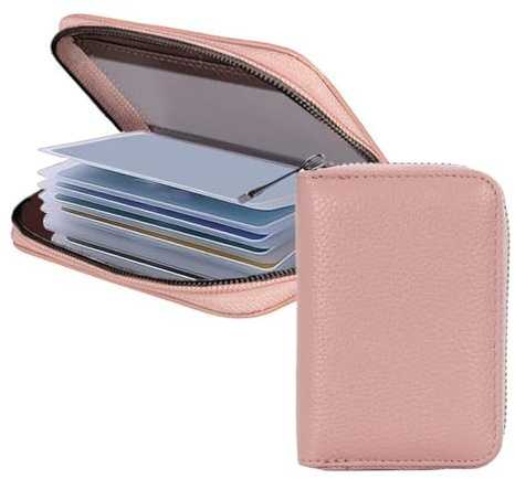 ZALAOR Pink Credit Card Holder for Women – Leather Card Holder Wallet with Zipper – 20 Card Slots RFID Blocking Card Purse – Credit Card Wallet for Women Compact Travel Organizer