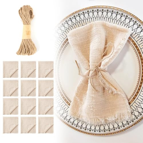 12 stycken tygservetter beige med fransar, 42 x 42 cm servetter tyg