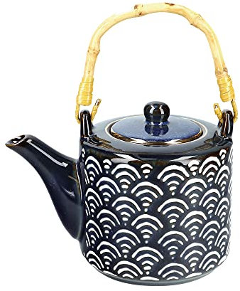 Mikasa Satori Japanese Teapot with Wave Pattern, Bamboo Handle, Gold Detail, Porcelain, 500 ml