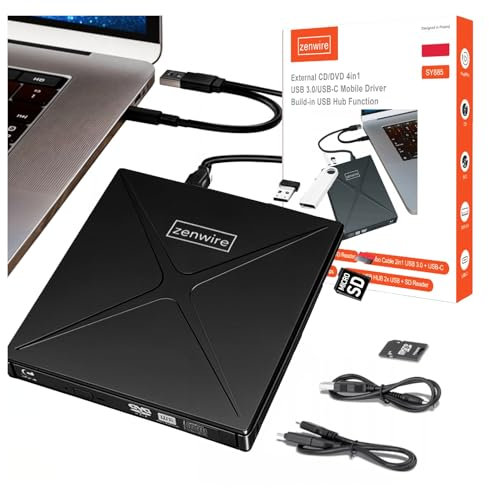 Zenwire Masterizzatore DVD Esterno Portatile Esterno - Lettore di Schede SD con USB-C con Funzione di hub USB e DVD-CD RW HUB USB-C USB 3.0 4-in-1 - per Windows, Mac, Linux