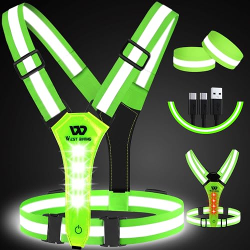 West Biking Running Vest Light - Led Running Reflective Gear For Walking At Night, High Visibility Night Rechargeable Light Up Running Vest, Adjustable Running Lights For Runners(Green)