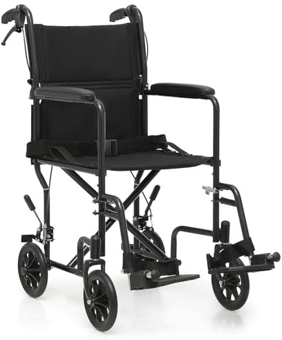 monicare Lightweight Folding Transport Wheelchair, Compact Portable Mobility Chair with Loop-Lock Handbrakes, Back Folds Down Foldable for Easy Travel and Storage, 16-Inch Seat, 250 lbs Capacity