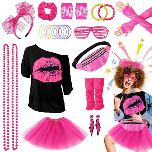 Grantop 28PCS 80er 90er Jahre Outfit Damen Set,80er Jahre Kleidung Kostüm,T-Shirt,Tutu,Bauchtasche,Ohrring,Netzhandschuhe,80er Retro Party Accessoires,kostüm 80er jahre damen Karneval Party