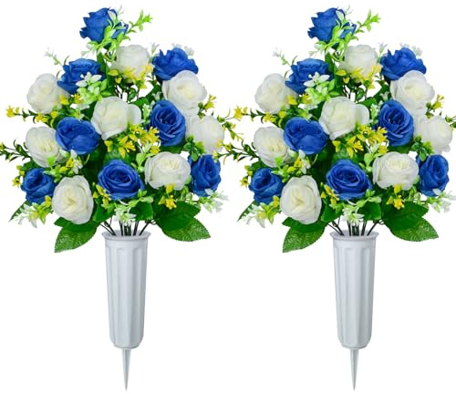 XONOR Artificial Cemetery Flowers, Set of 2 Artificial Rose Bouquet Graveyard Memorial Flowers with Vase for Cemetery Headstones Decoration (Dark Blue&White-2Pcs)